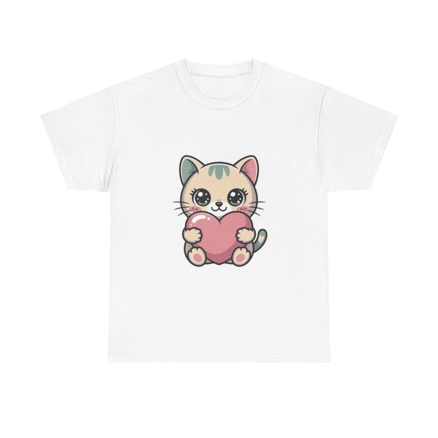 Cute Cat Holding Heart T-Shirt — Kawaii Kitten Love Tee
