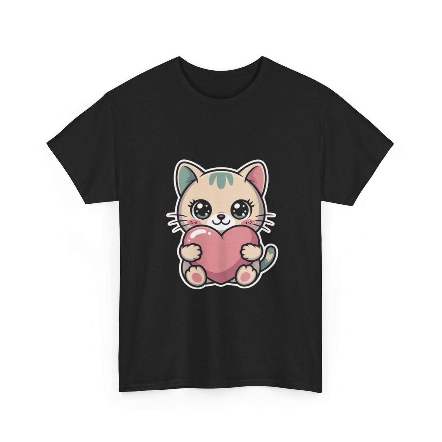 Cute Cat Holding Heart T-Shirt — Kawaii Kitten Love Tee