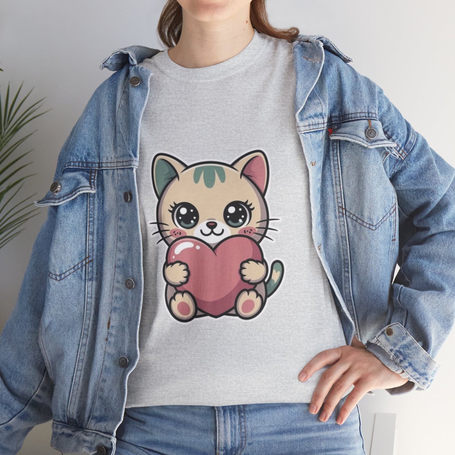 Cute Cat Holding Heart T-Shirt — Kawaii Kitten Love Tee