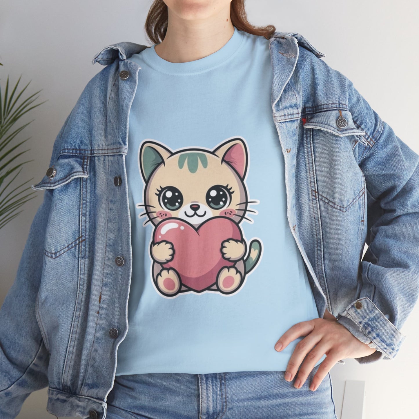Cute Cat Holding Heart T-Shirt — Kawaii Kitten Love Tee