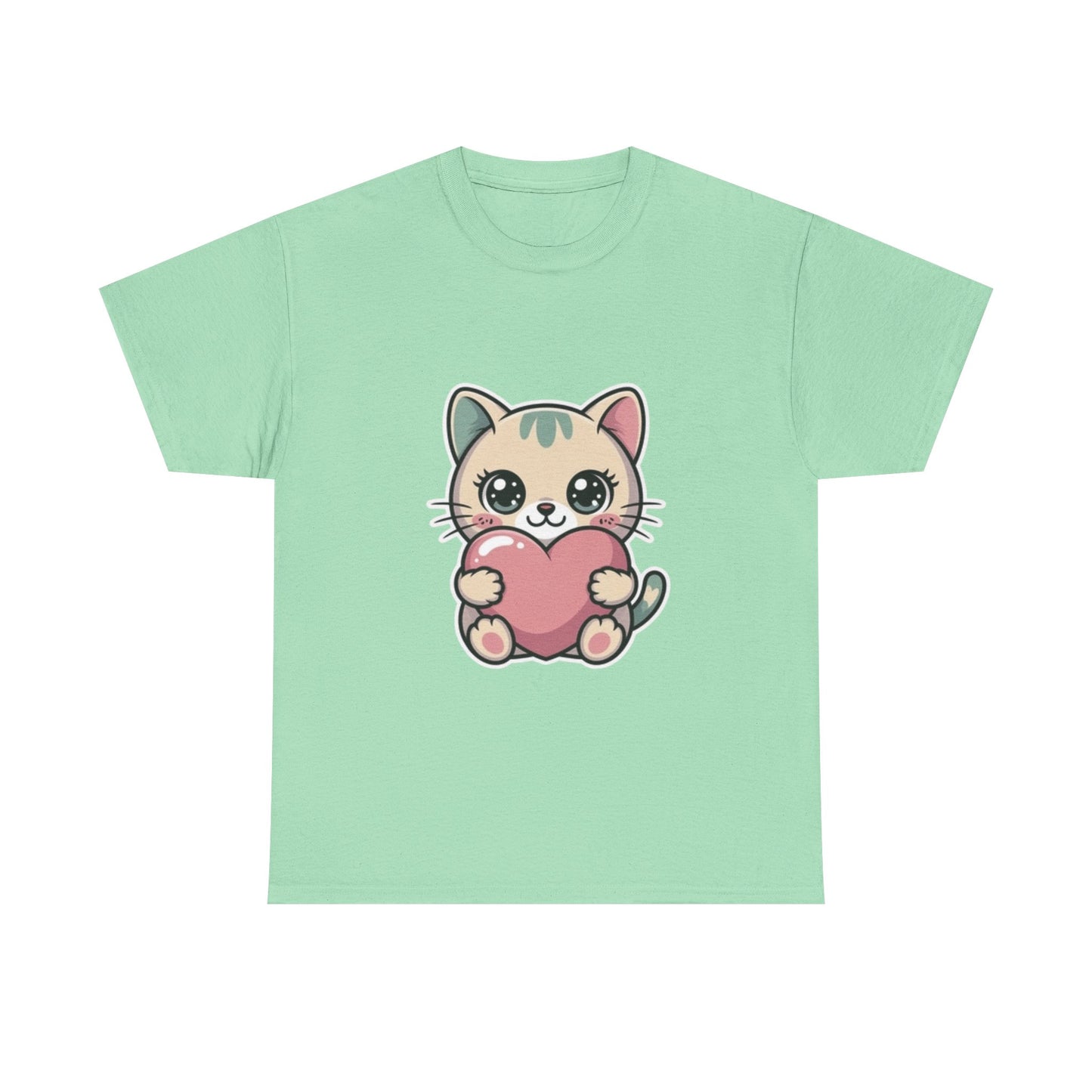 Cute Cat Holding Heart T-Shirt — Kawaii Kitten Love Tee