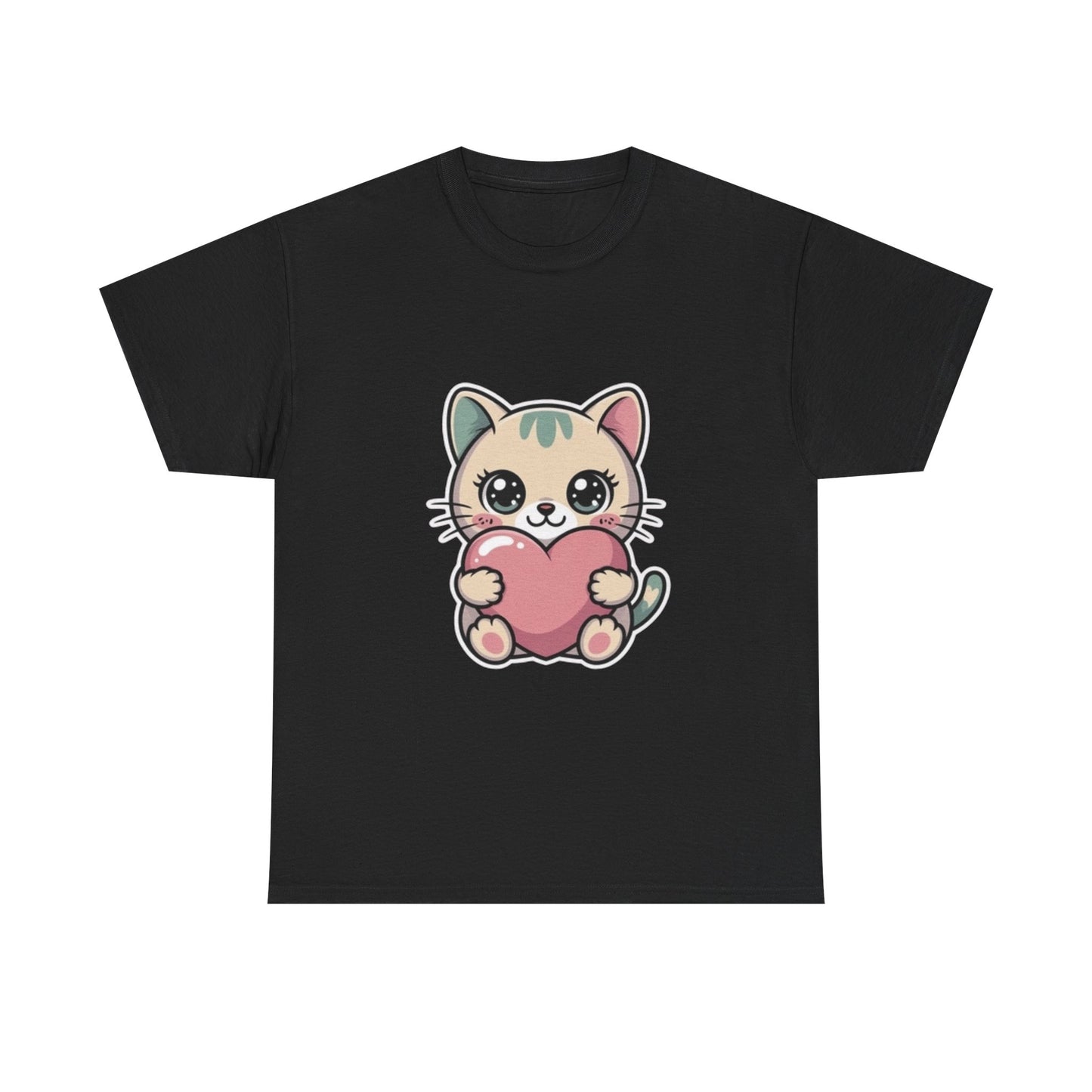 Cute Cat Holding Heart T-Shirt — Kawaii Kitten Love Tee