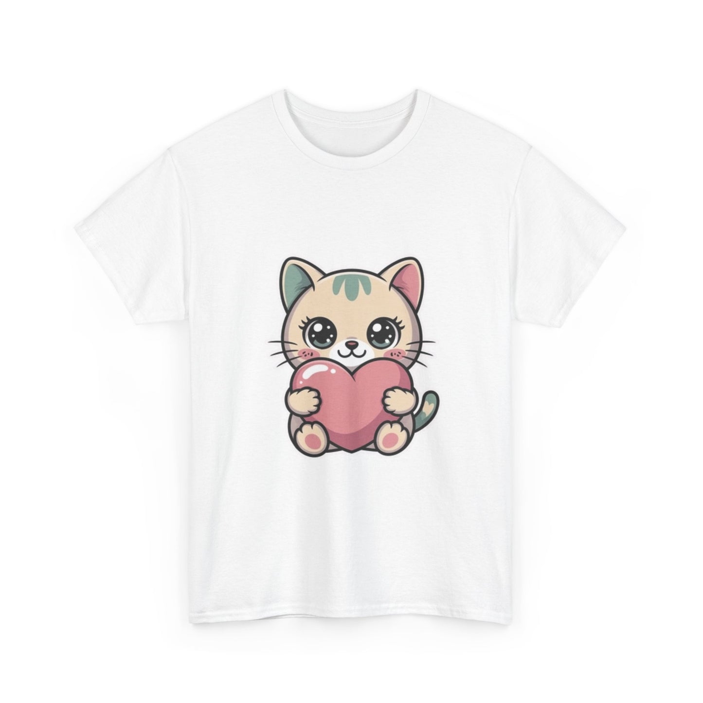 Cute Cat Holding Heart T-Shirt — Kawaii Kitten Love Tee