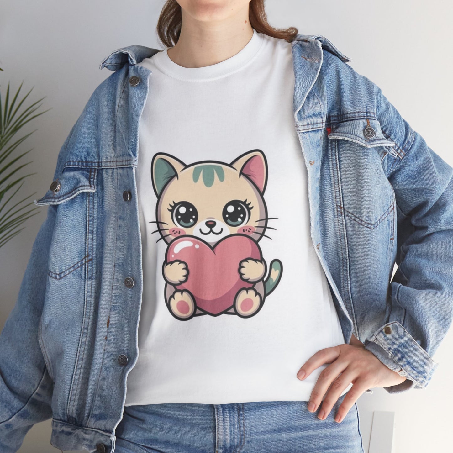 Cute Cat Holding Heart T-Shirt — Kawaii Kitten Love Tee