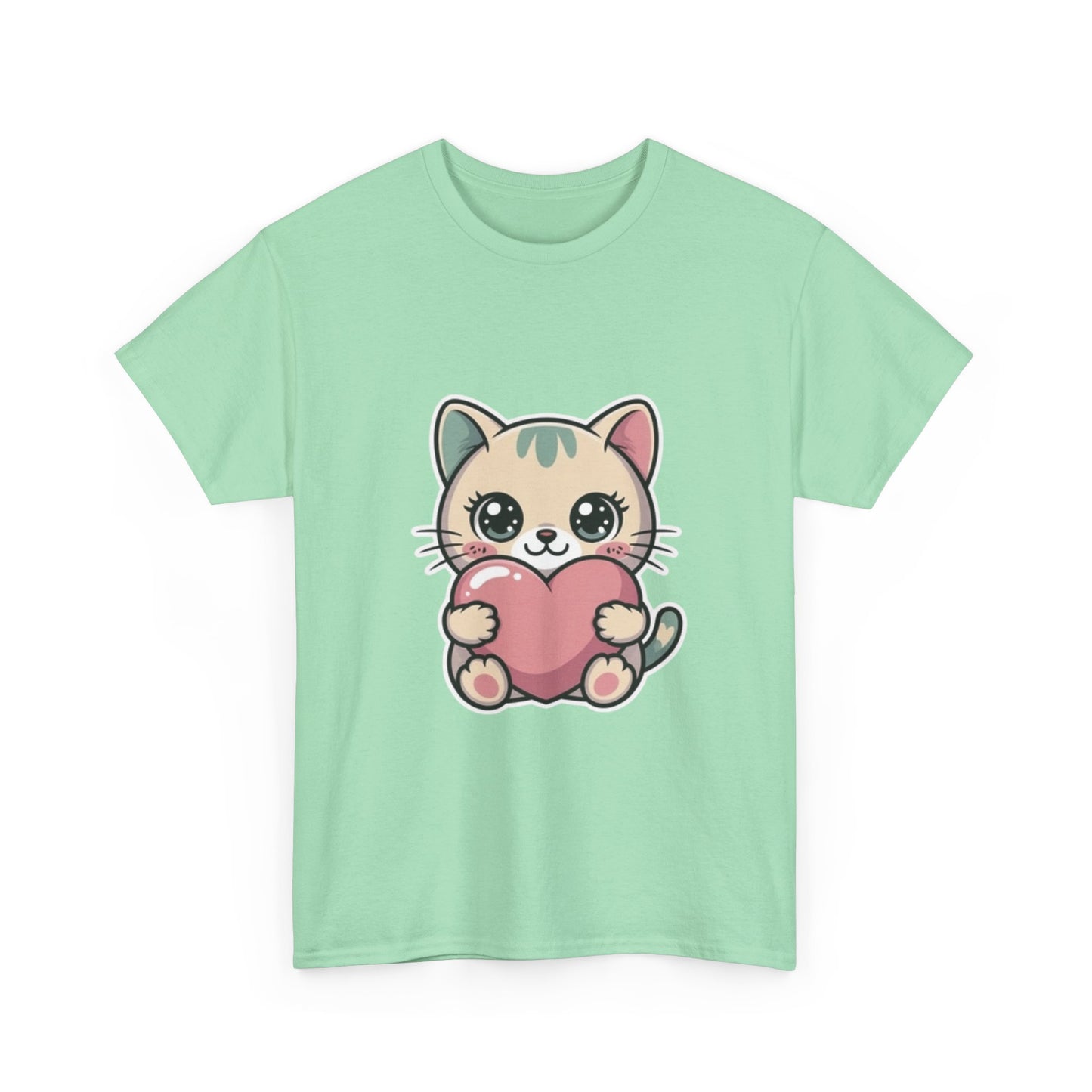 Cute Cat Holding Heart T-Shirt — Kawaii Kitten Love Tee